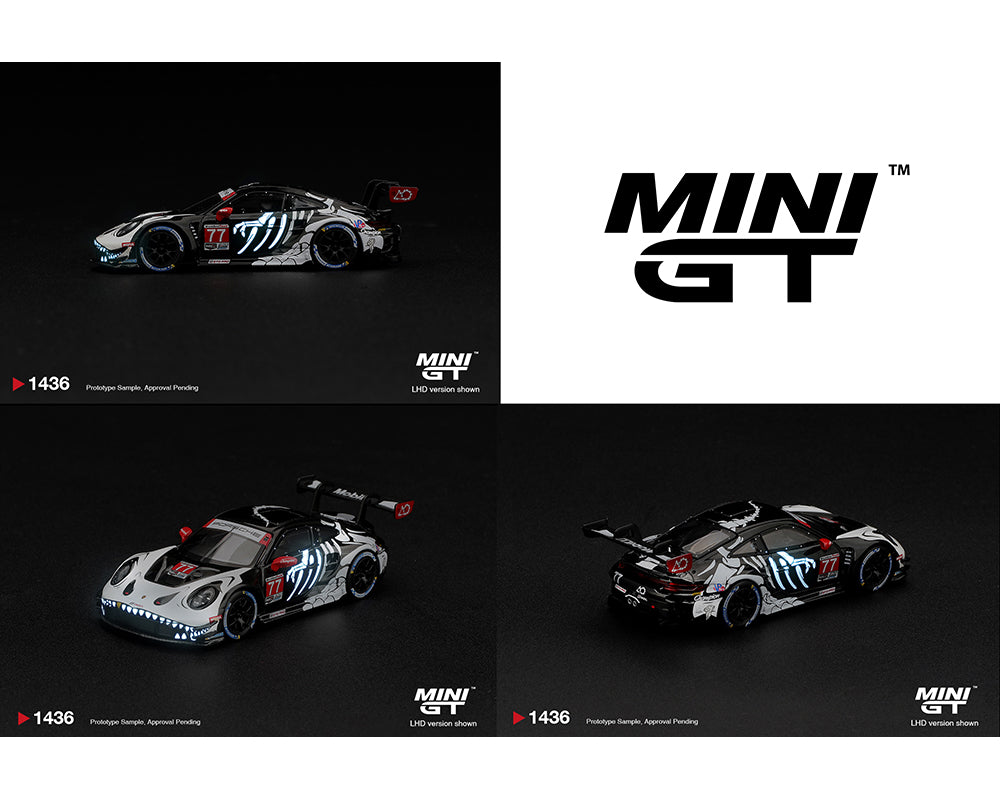 [PRE-ORDER] Estimated arrival April 2027| Mini GT 1:64 Porsche 911 GT3 R (992) #77 AO Racing “Skeleton Rexy” 2026 IMSA Petit Le Mans – (Glow in the Dark) – Limited Edition