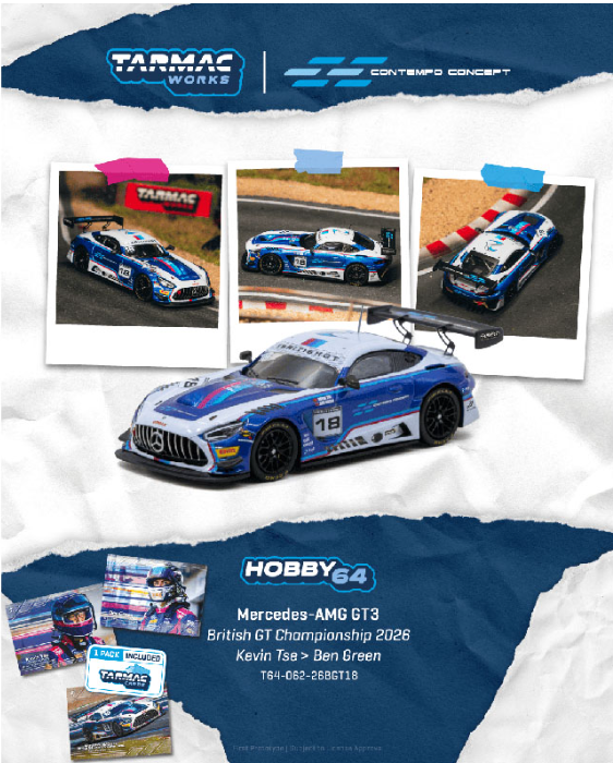 [PRE-ORDER] Estimated Arrival March 2027|Tarmac Works 1:64 Mercedes-AMG GT3 British GT Championship 2026 Kevin Tse / Ben Green Model Car + Trading Cards Combo Set- Hobb